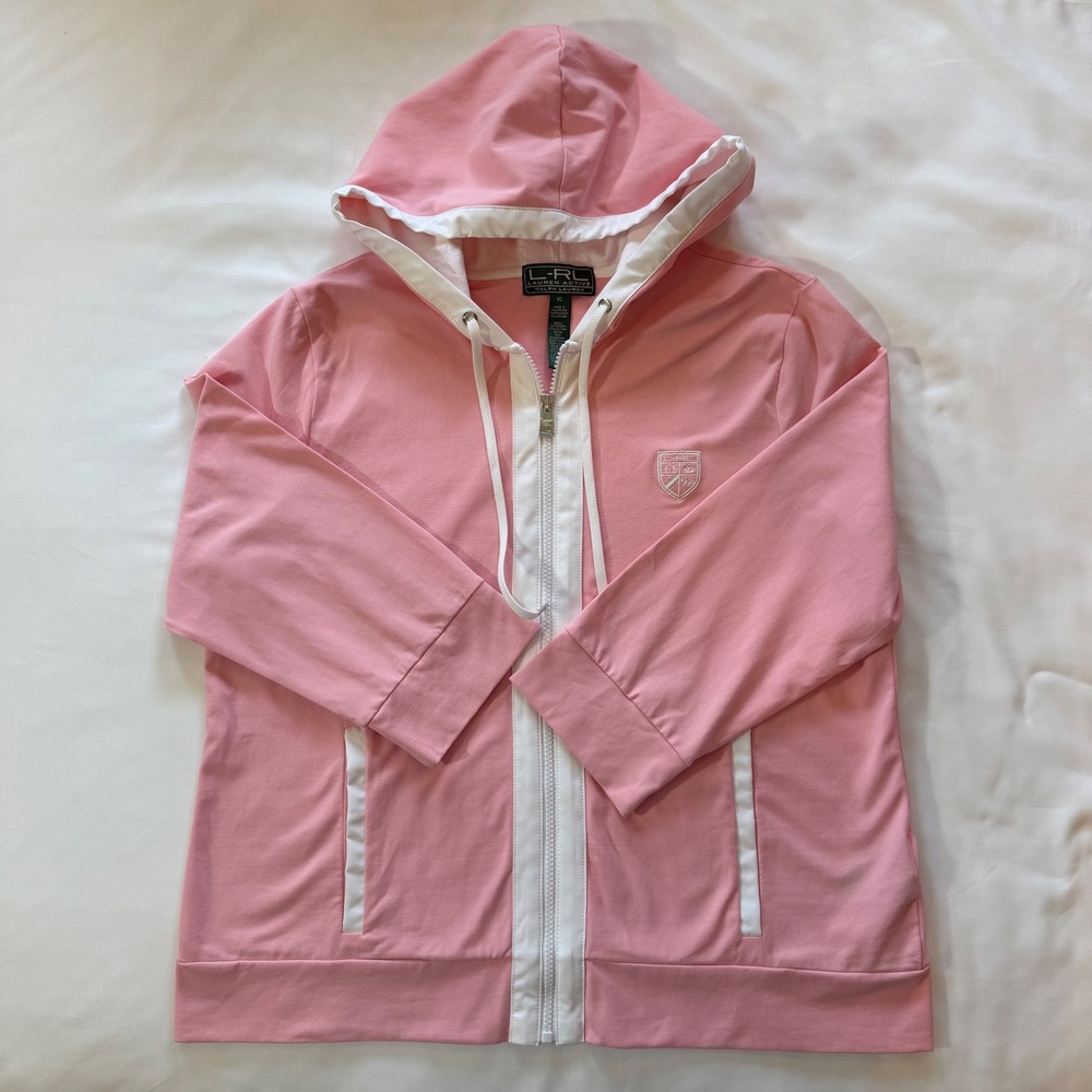 Lauren Ralph Lauren Active Pink Full Zip Hoodie Y2K Vintage Crest Logo Size XL